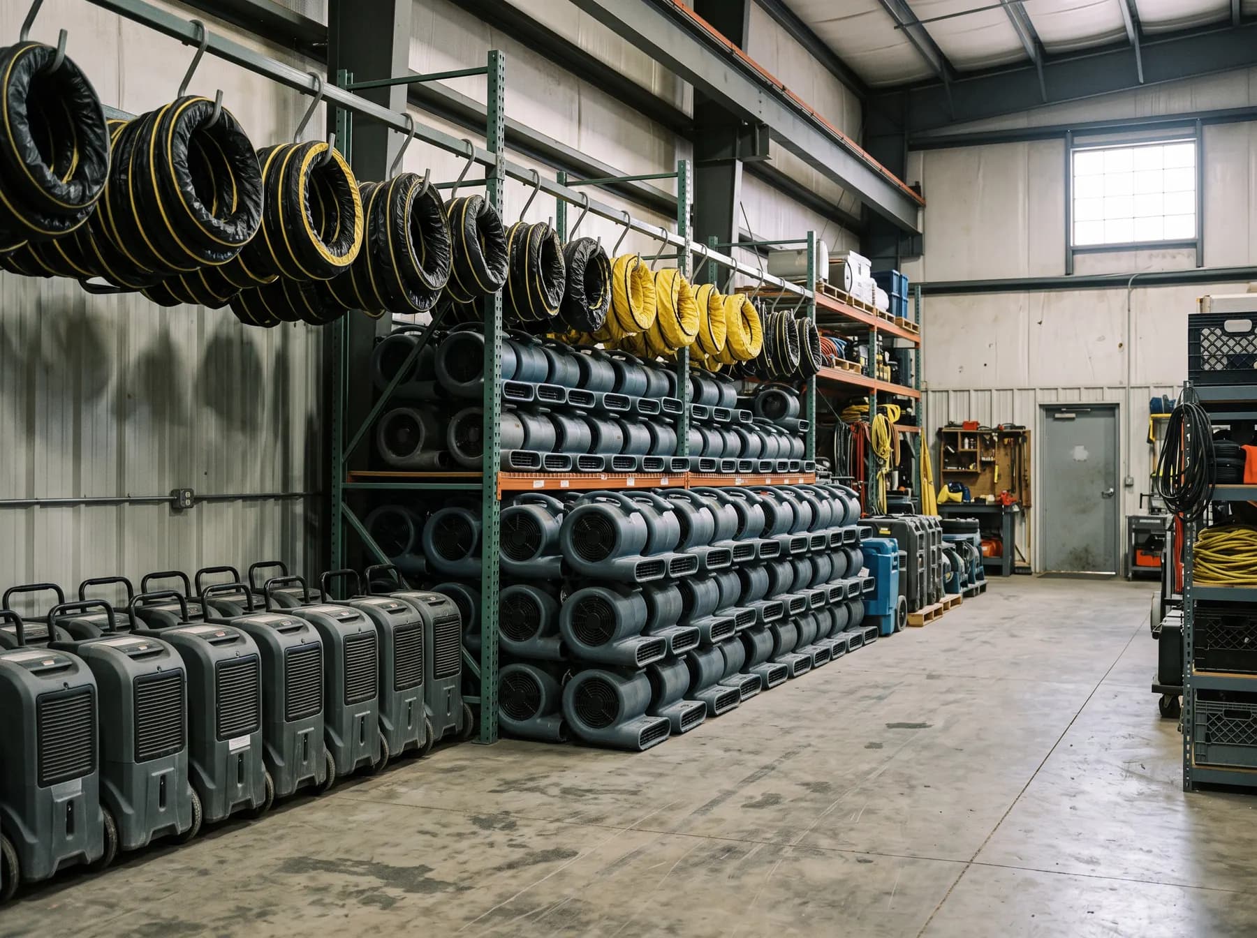 A warehouse of racked restoration drying equipment ready for dispatch.
