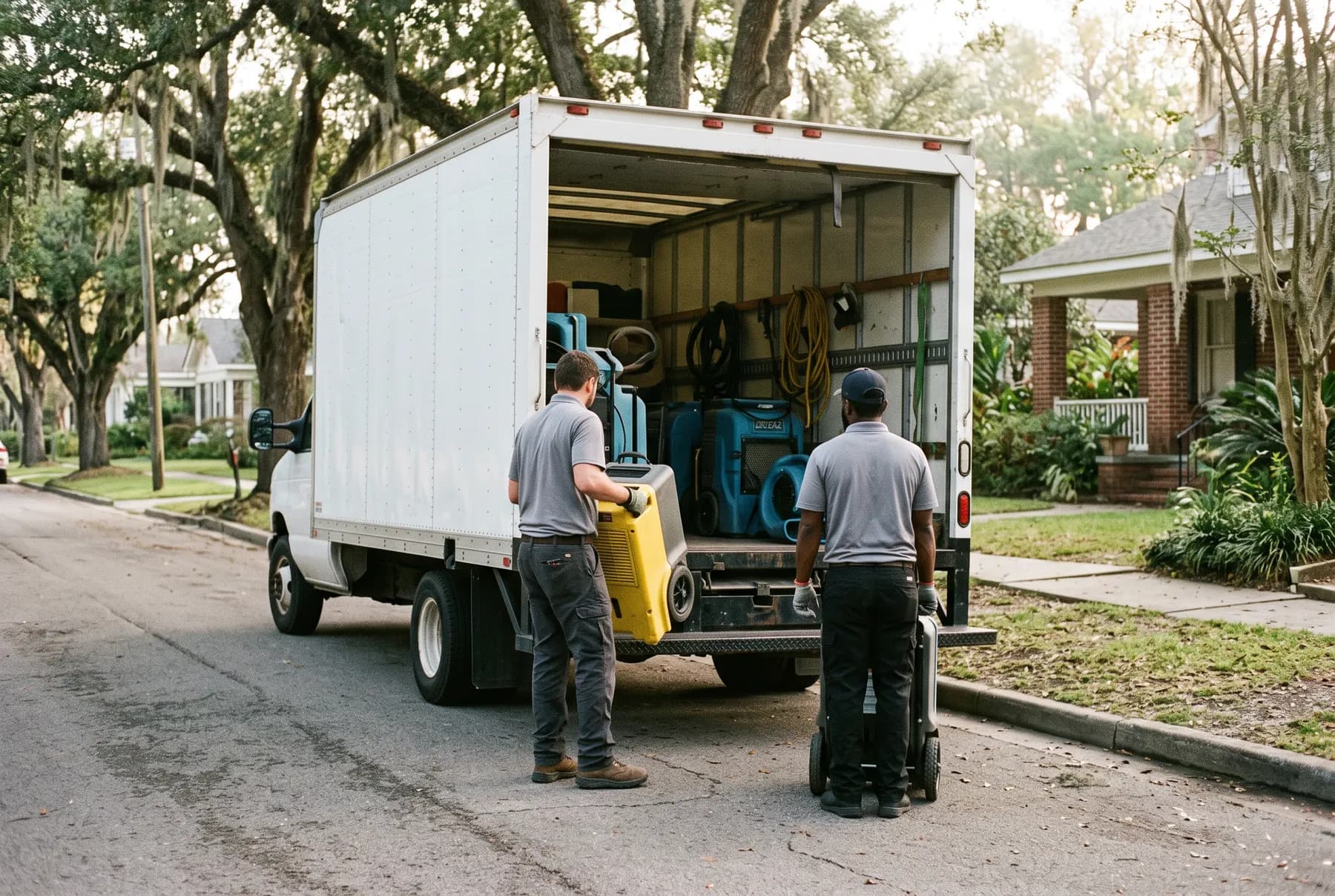 Two restoration technicians unloading drying equipment from a plain box truck.