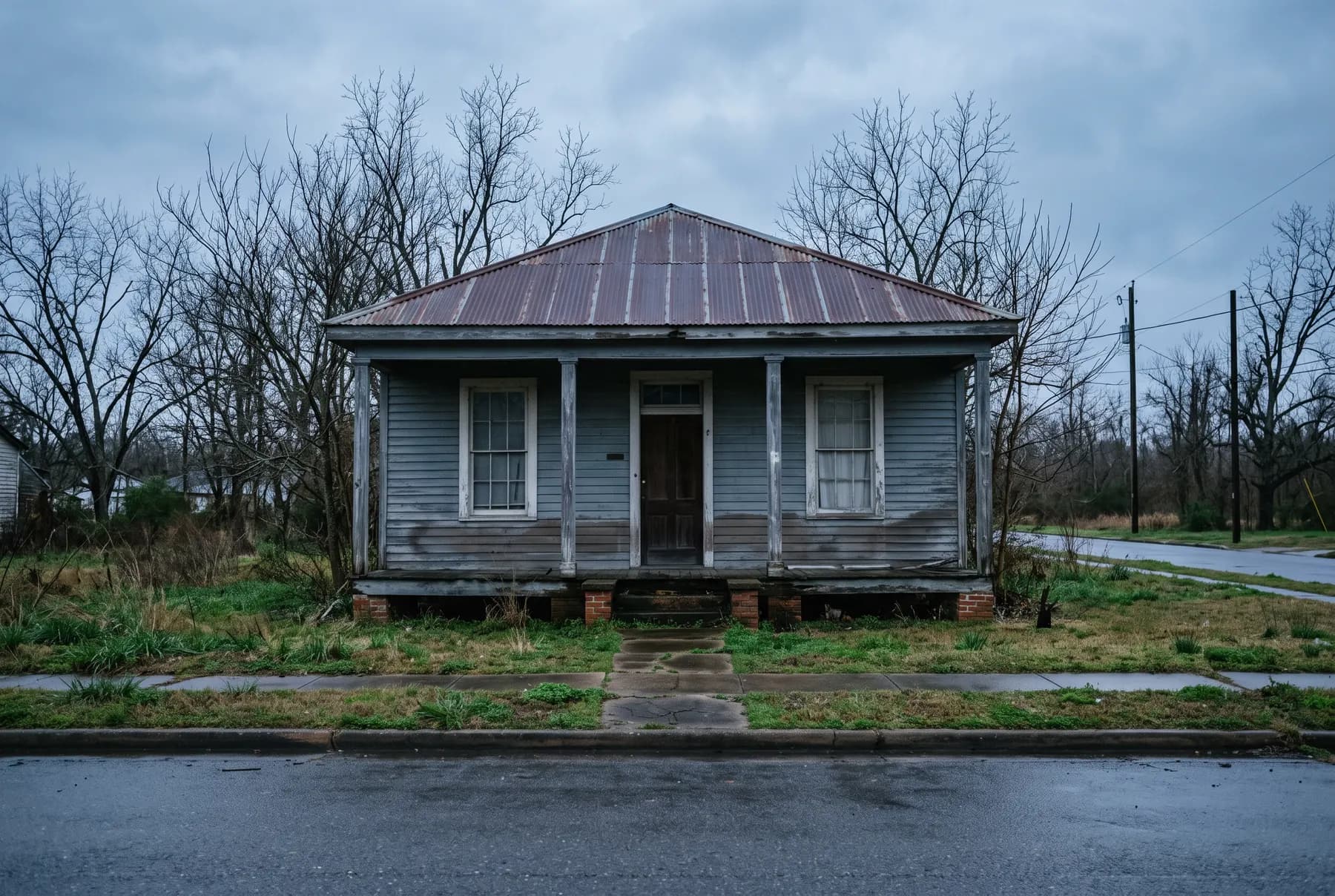 A quiet single-storey Louisiana house at dawn with a faint water stain along the siding.