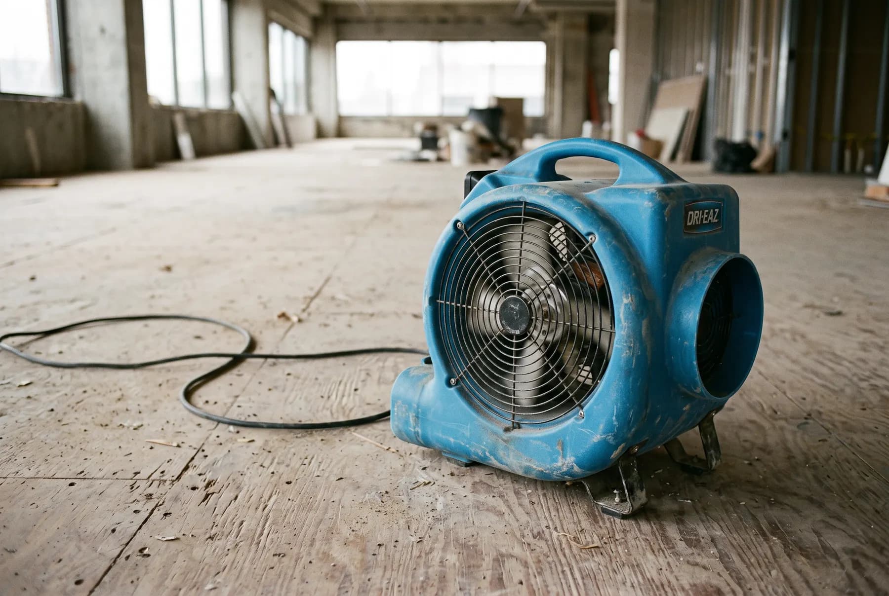 A single industrial air mover running on a bare subfloor.