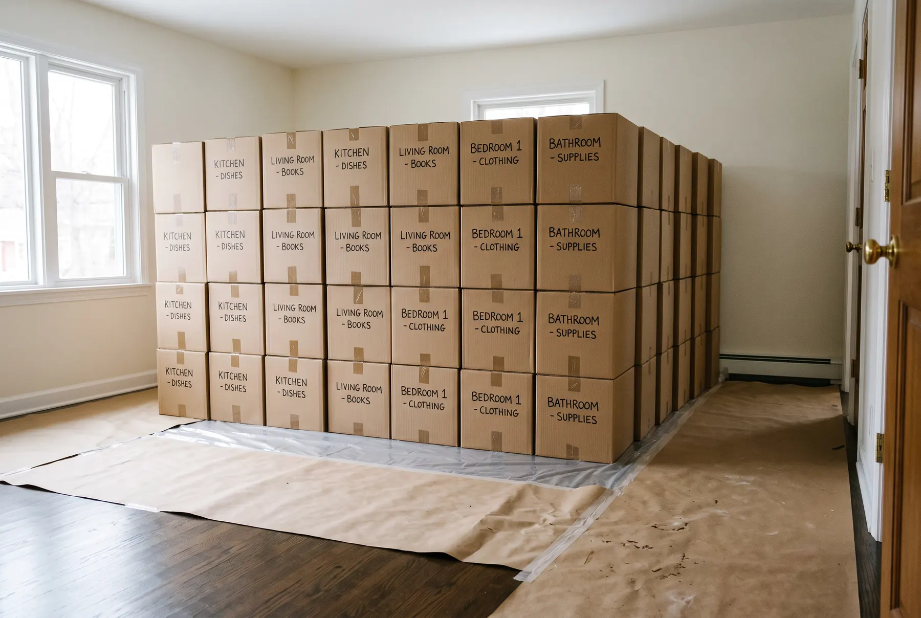 Household contents packed into clean cartons and stacked in neat rows in an emptied room.