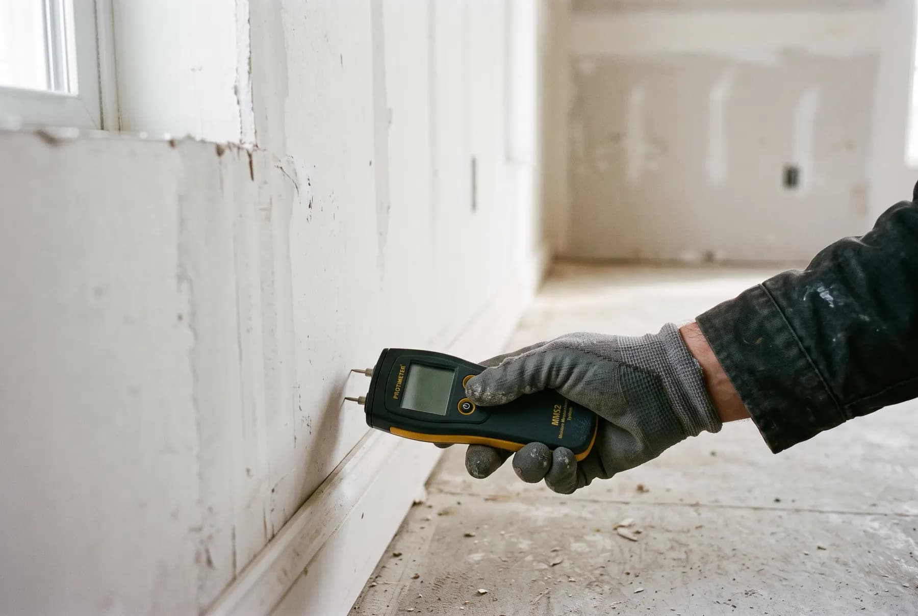 A moisture meter held against the base of a bare drywall wall in an emptied room.