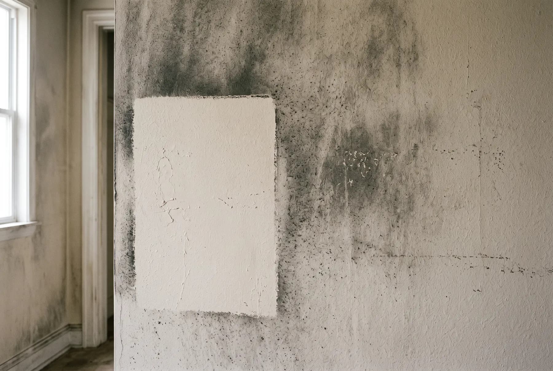 A residential wall showing a cleaned test patch against the untreated surrounding surface.