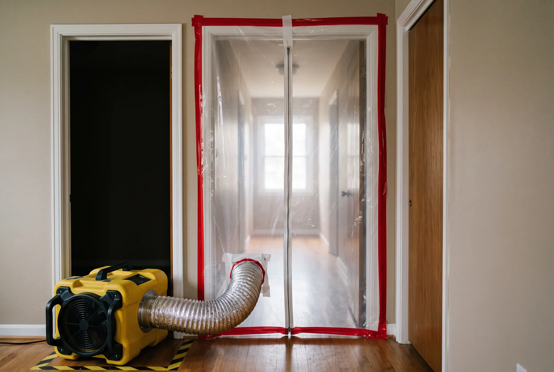 A clear containment barrier across a doorway with a negative air machine and ducting.