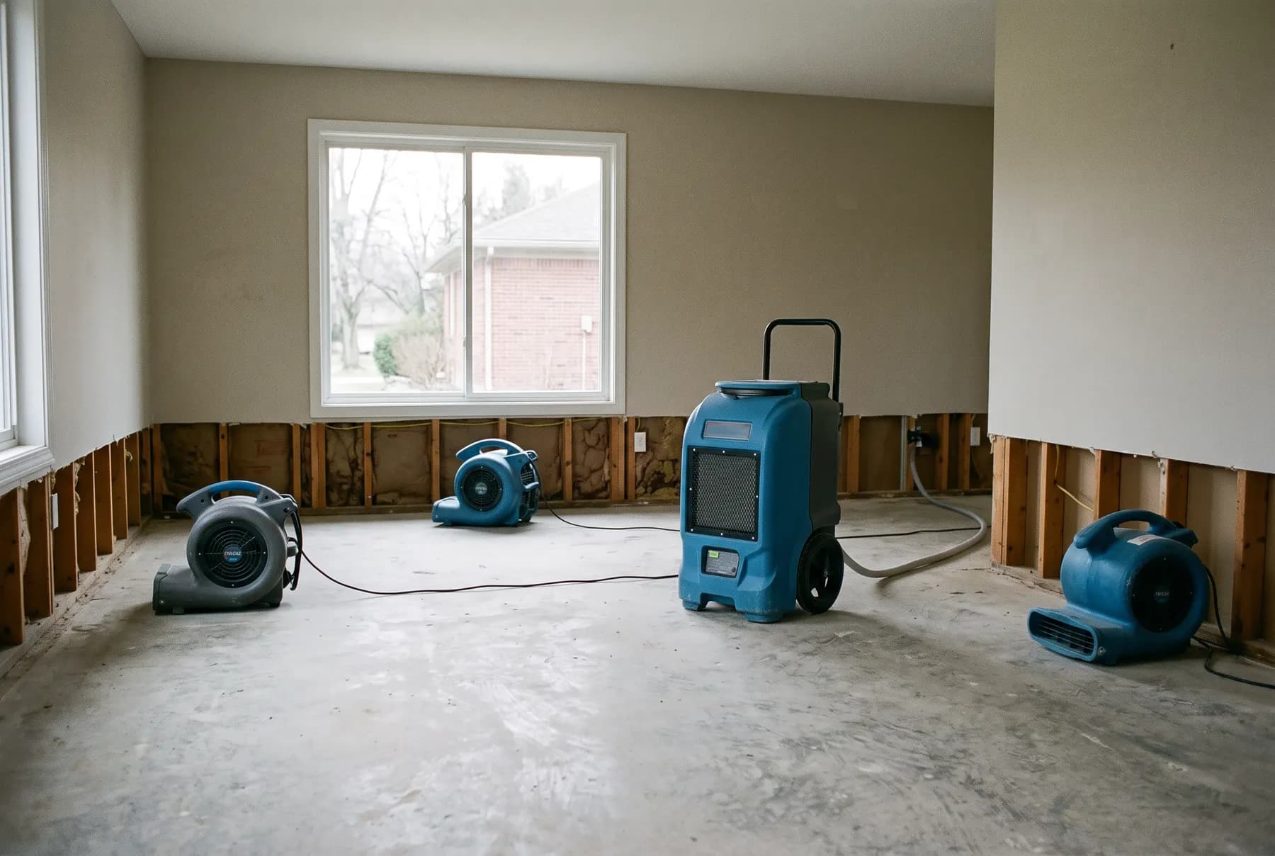 Industrial air movers and a dehumidifier drying an emptied residential room.