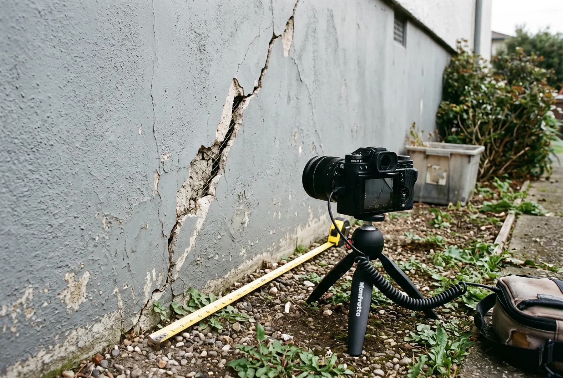 A camera on a tripod documenting a damaged wall section with a scale rule alongside.