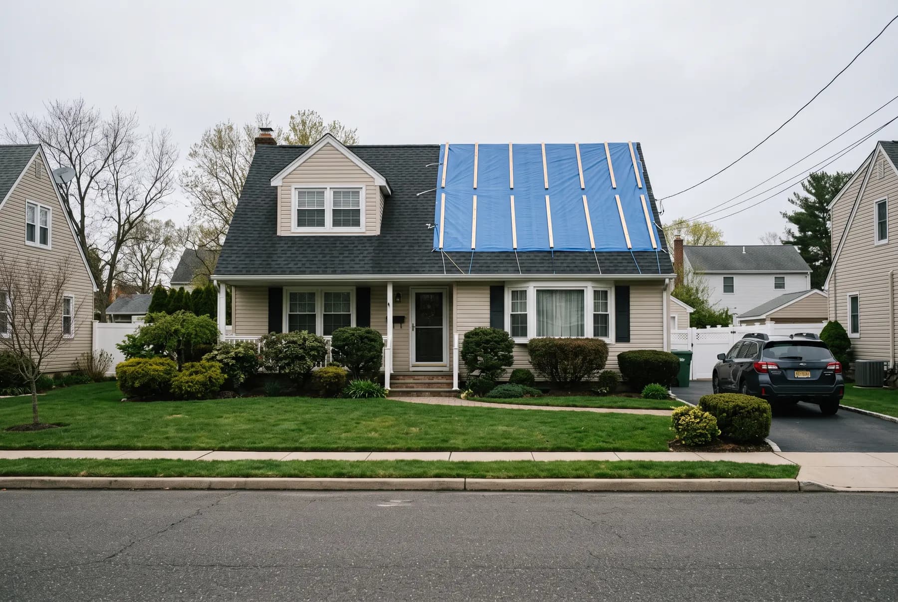 A neatly fastened emergency tarp secured over a section of suburban roof.